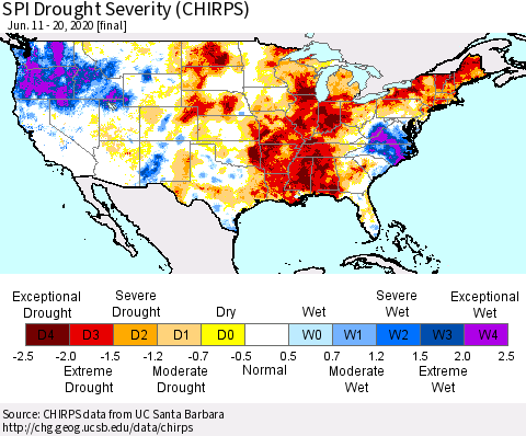 United States SPI Drought Severity (CHIRPS) Thematic Map For 6/11/2020 - 6/20/2020