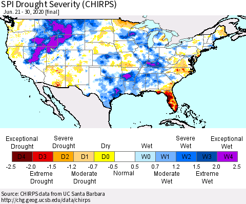 United States SPI Drought Severity (CHIRPS) Thematic Map For 6/21/2020 - 6/30/2020