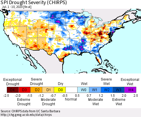 United States SPI Drought Severity (CHIRPS) Thematic Map For 7/1/2020 - 7/10/2020