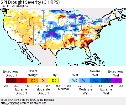 United States SPI Drought Severity (CHIRPS) Thematic Map For 7/11/2020 - 7/20/2020
