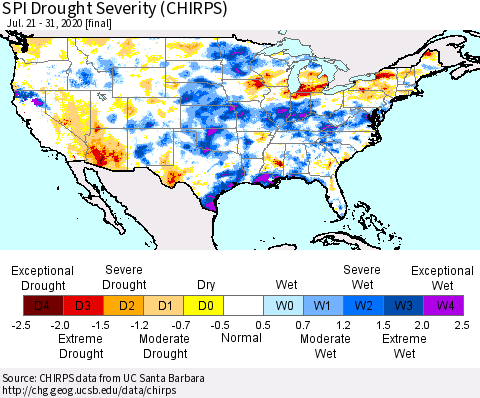 United States SPI Drought Severity (CHIRPS) Thematic Map For 7/21/2020 - 7/31/2020