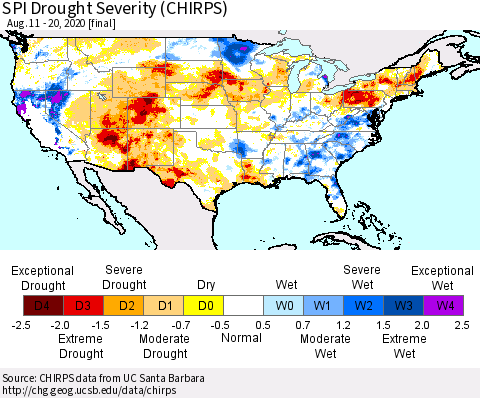 United States SPI Drought Severity (CHIRPS) Thematic Map For 8/11/2020 - 8/20/2020