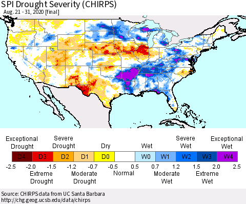 United States SPI Drought Severity (CHIRPS) Thematic Map For 8/21/2020 - 8/31/2020