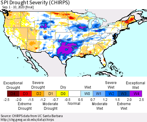 United States SPI Drought Severity (CHIRPS) Thematic Map For 9/1/2020 - 9/10/2020