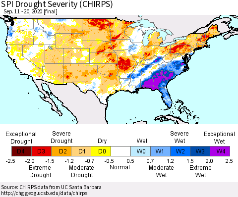 United States SPI Drought Severity (CHIRPS) Thematic Map For 9/11/2020 - 9/20/2020