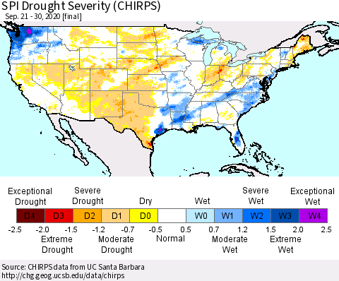 United States SPI Drought Severity (CHIRPS) Thematic Map For 9/21/2020 - 9/30/2020