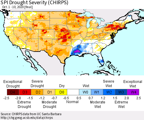 United States SPI Drought Severity (CHIRPS) Thematic Map For 10/1/2020 - 10/10/2020