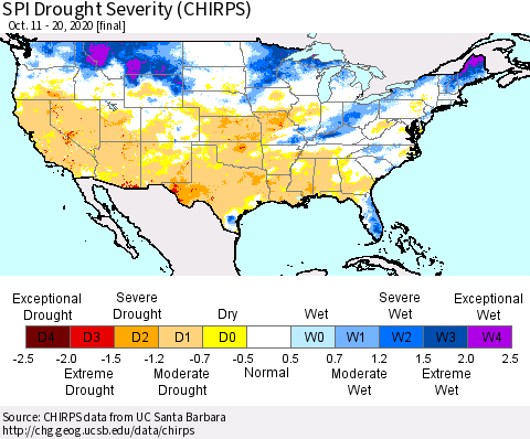 United States SPI Drought Severity (CHIRPS) Thematic Map For 10/11/2020 - 10/20/2020