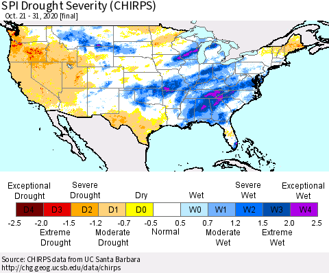 United States SPI Drought Severity (CHIRPS) Thematic Map For 10/21/2020 - 10/31/2020