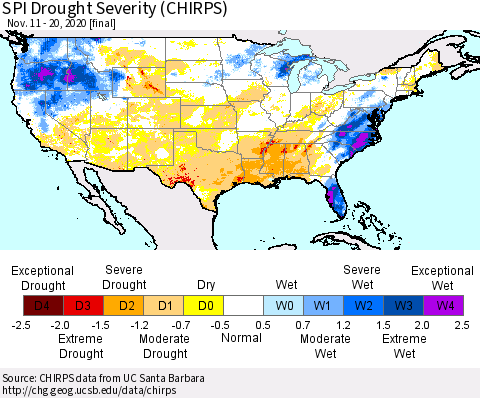 United States SPI Drought Severity (CHIRPS) Thematic Map For 11/11/2020 - 11/20/2020