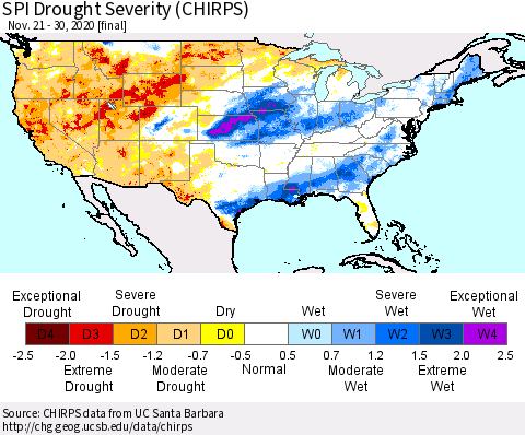 United States SPI Drought Severity (CHIRPS) Thematic Map For 11/21/2020 - 11/30/2020