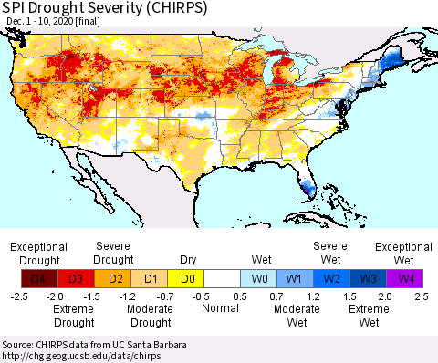 United States SPI Drought Severity (CHIRPS) Thematic Map For 12/1/2020 - 12/10/2020