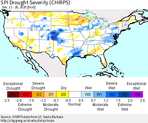 United States SPI Drought Severity (CHIRPS) Thematic Map For 12/11/2020 - 12/20/2020
