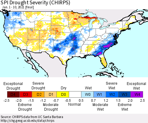 United States SPI Drought Severity (CHIRPS) Thematic Map For 1/1/2021 - 1/10/2021