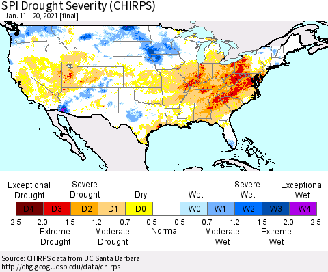 United States SPI Drought Severity (CHIRPS) Thematic Map For 1/11/2021 - 1/20/2021