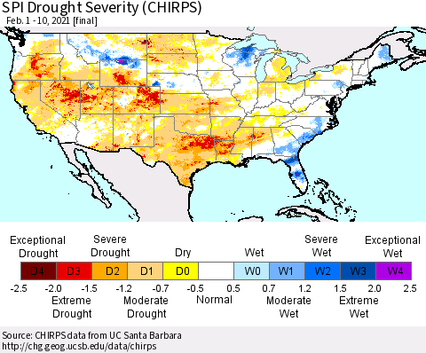 United States SPI Drought Severity (CHIRPS) Thematic Map For 2/1/2021 - 2/10/2021
