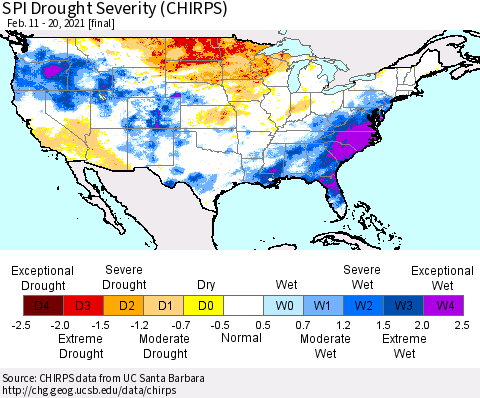 United States SPI Drought Severity (CHIRPS) Thematic Map For 2/11/2021 - 2/20/2021