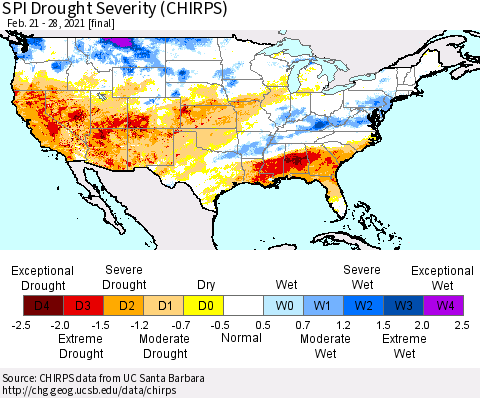 United States SPI Drought Severity (CHIRPS) Thematic Map For 2/21/2021 - 2/28/2021