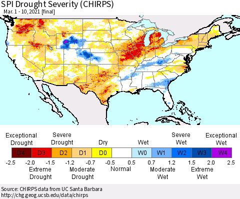 United States SPI Drought Severity (CHIRPS) Thematic Map For 3/1/2021 - 3/10/2021