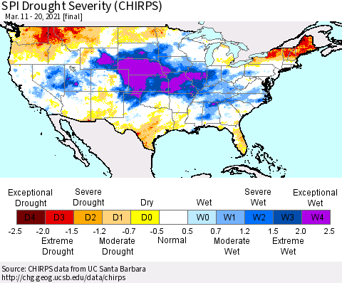 United States SPI Drought Severity (CHIRPS) Thematic Map For 3/11/2021 - 3/20/2021