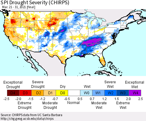 United States SPI Drought Severity (CHIRPS) Thematic Map For 3/21/2021 - 3/31/2021