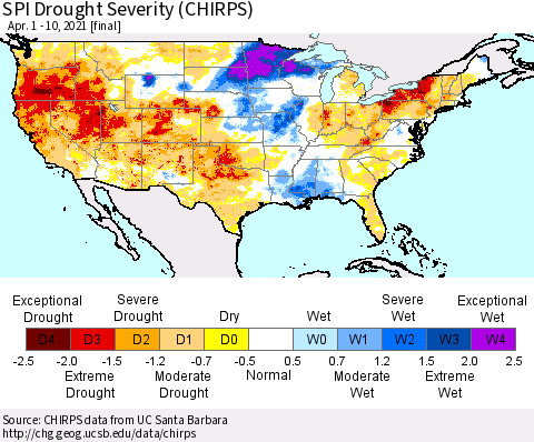 United States SPI Drought Severity (CHIRPS) Thematic Map For 4/1/2021 - 4/10/2021
