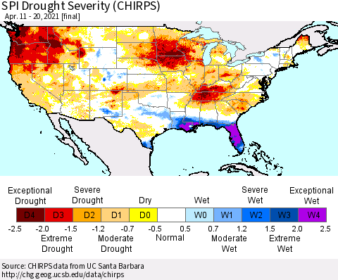 United States SPI Drought Severity (CHIRPS) Thematic Map For 4/11/2021 - 4/20/2021