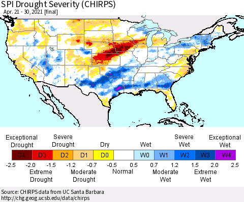 United States SPI Drought Severity (CHIRPS) Thematic Map For 4/21/2021 - 4/30/2021
