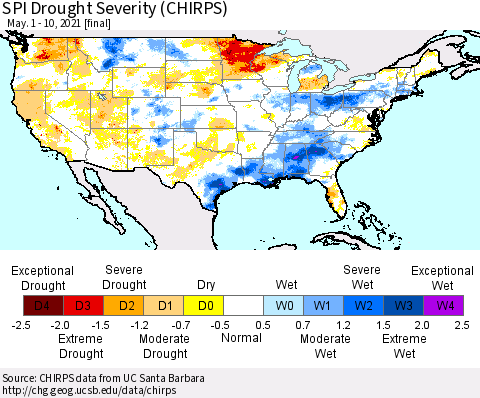 United States SPI Drought Severity (CHIRPS) Thematic Map For 5/1/2021 - 5/10/2021
