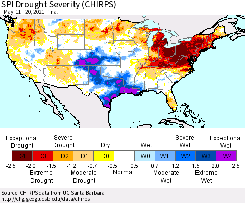 United States SPI Drought Severity (CHIRPS) Thematic Map For 5/11/2021 - 5/20/2021
