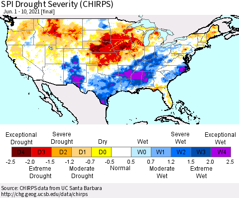United States SPI Drought Severity (CHIRPS) Thematic Map For 6/1/2021 - 6/10/2021