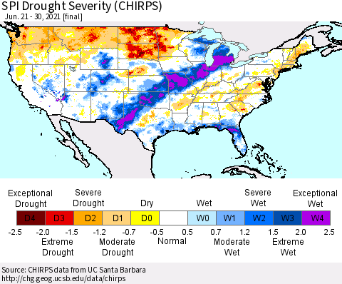 United States SPI Drought Severity (CHIRPS) Thematic Map For 6/21/2021 - 6/30/2021