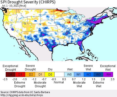 United States SPI Drought Severity (CHIRPS) Thematic Map For 7/1/2021 - 7/10/2021