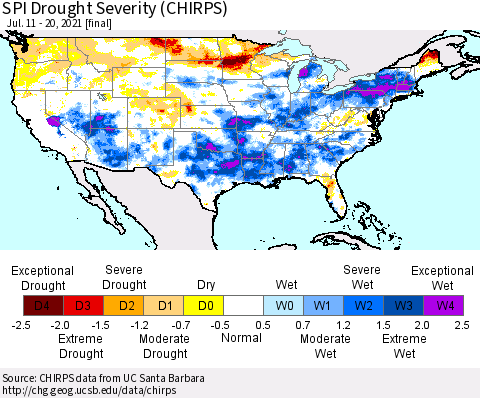United States SPI Drought Severity (CHIRPS) Thematic Map For 7/11/2021 - 7/20/2021