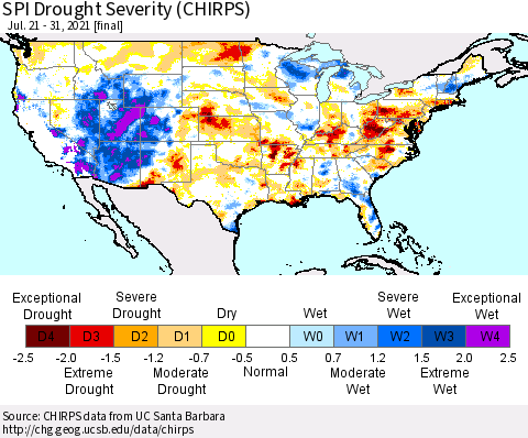 United States SPI Drought Severity (CHIRPS) Thematic Map For 7/21/2021 - 7/31/2021