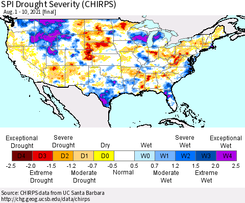 United States SPI Drought Severity (CHIRPS) Thematic Map For 8/1/2021 - 8/10/2021