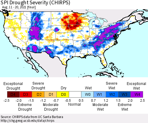 United States SPI Drought Severity (CHIRPS) Thematic Map For 8/11/2021 - 8/20/2021