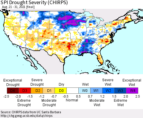 United States SPI Drought Severity (CHIRPS) Thematic Map For 8/21/2021 - 8/31/2021