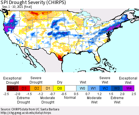 United States SPI Drought Severity (CHIRPS) Thematic Map For 9/1/2021 - 9/10/2021