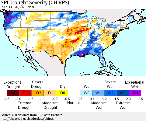 United States SPI Drought Severity (CHIRPS) Thematic Map For 9/11/2021 - 9/20/2021