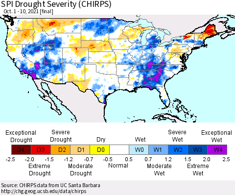 United States SPI Drought Severity (CHIRPS) Thematic Map For 10/1/2021 - 10/10/2021