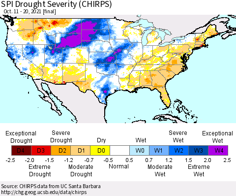 United States SPI Drought Severity (CHIRPS) Thematic Map For 10/11/2021 - 10/20/2021
