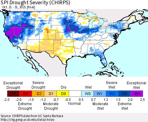 United States SPI Drought Severity (CHIRPS) Thematic Map For 10/21/2021 - 10/31/2021