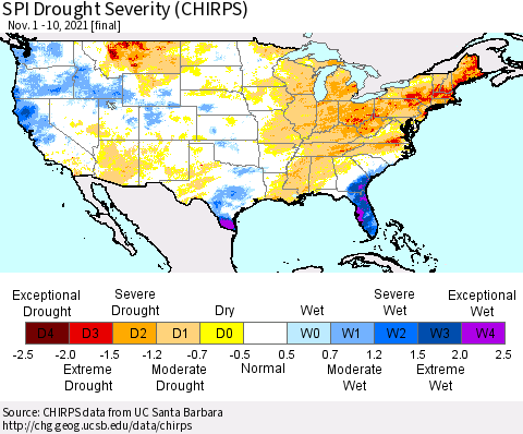 United States SPI Drought Severity (CHIRPS) Thematic Map For 11/1/2021 - 11/10/2021