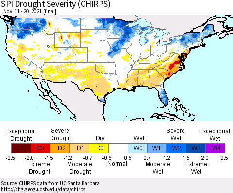 United States SPI Drought Severity (CHIRPS) Thematic Map For 11/11/2021 - 11/20/2021