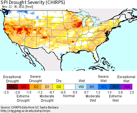 United States SPI Drought Severity (CHIRPS) Thematic Map For 11/21/2021 - 11/30/2021