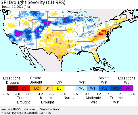 United States SPI Drought Severity (CHIRPS) Thematic Map For 12/1/2021 - 12/10/2021