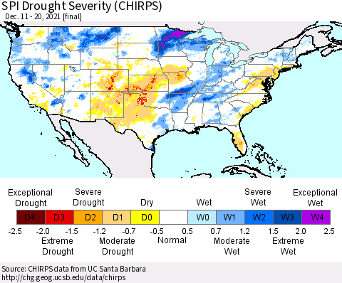 United States SPI Drought Severity (CHIRPS) Thematic Map For 12/11/2021 - 12/20/2021