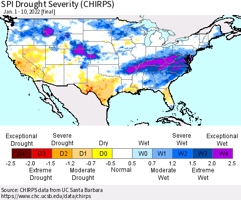 United States SPI Drought Severity (CHIRPS) Thematic Map For 1/1/2022 - 1/10/2022