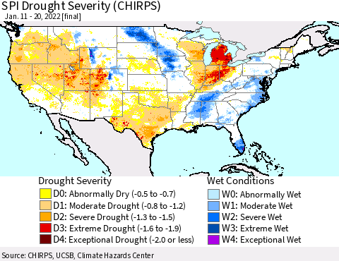 United States SPI Drought Severity (CHIRPS) Thematic Map For 1/11/2022 - 1/20/2022